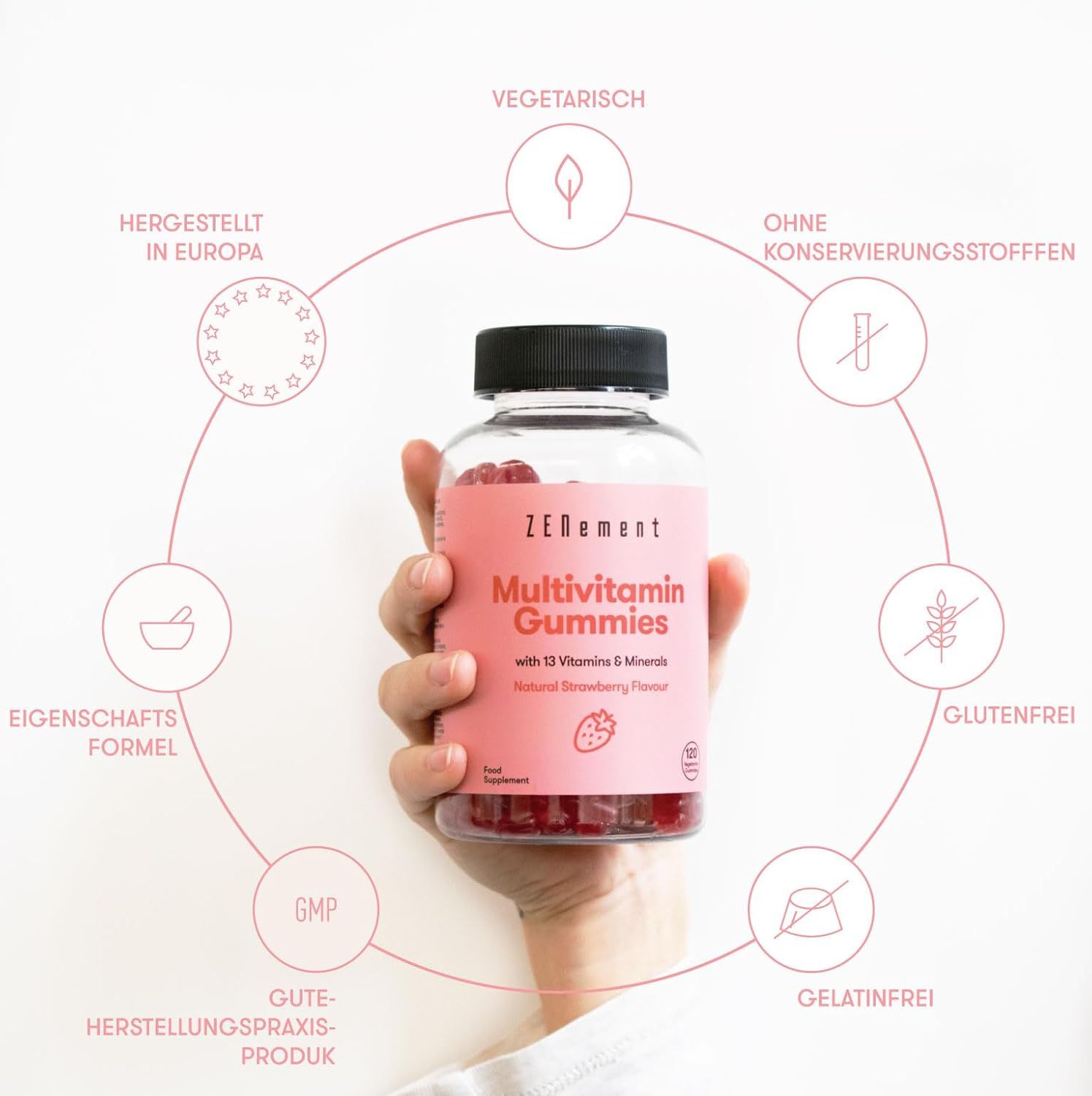 Barattolo di Zenement Multivitamin Gummies. Scritta: Multivitamin Gummies con 12 vitamine e minerali. Gusto fragola. Vegetariano.