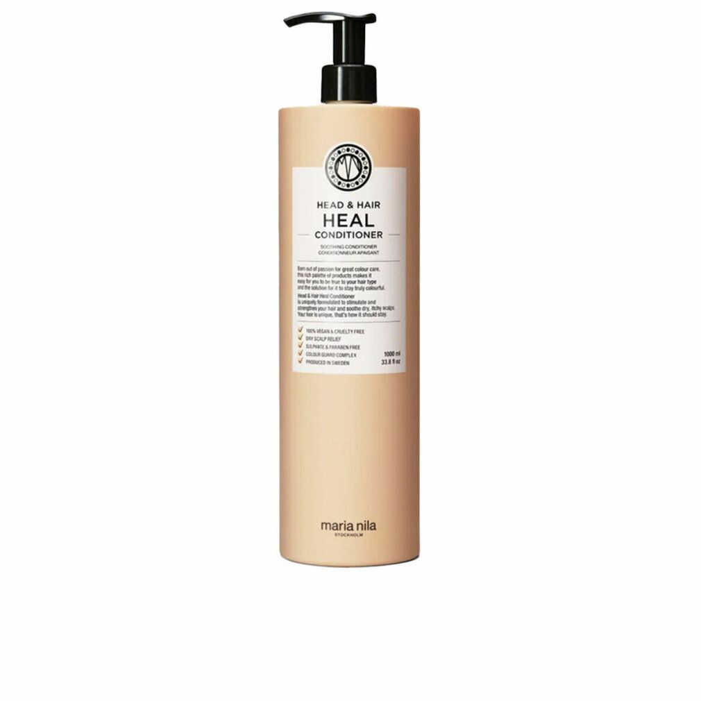 Flacone beige con dosatore nero. Etichetta con testo: HEAD & HAIR HEAL CONDITIONER. Marchio: Maria Nila.