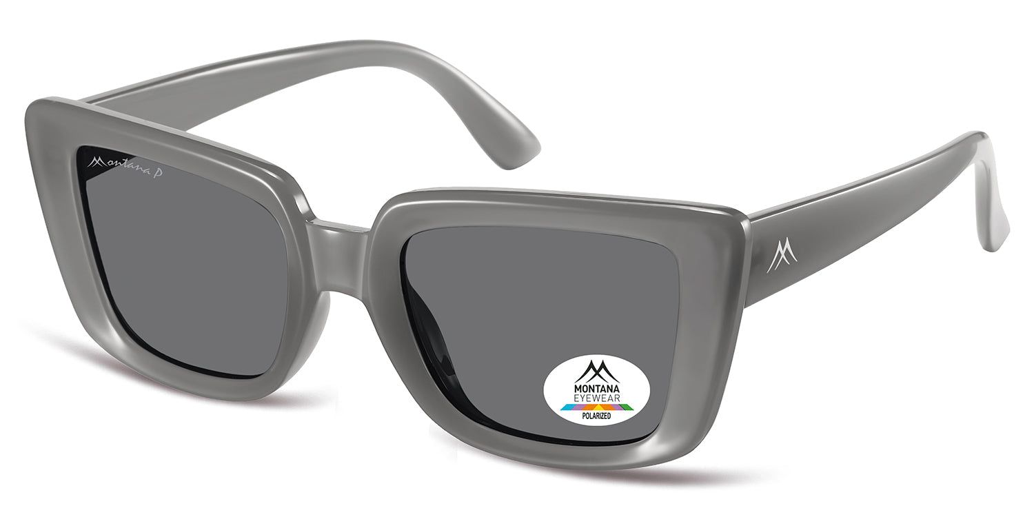 Occhiali da sole grigi, forma rettangolare, lenti scure. Logo Montana Eyewear sulla stanghetta ed etichetta polarizzata sulla lente.