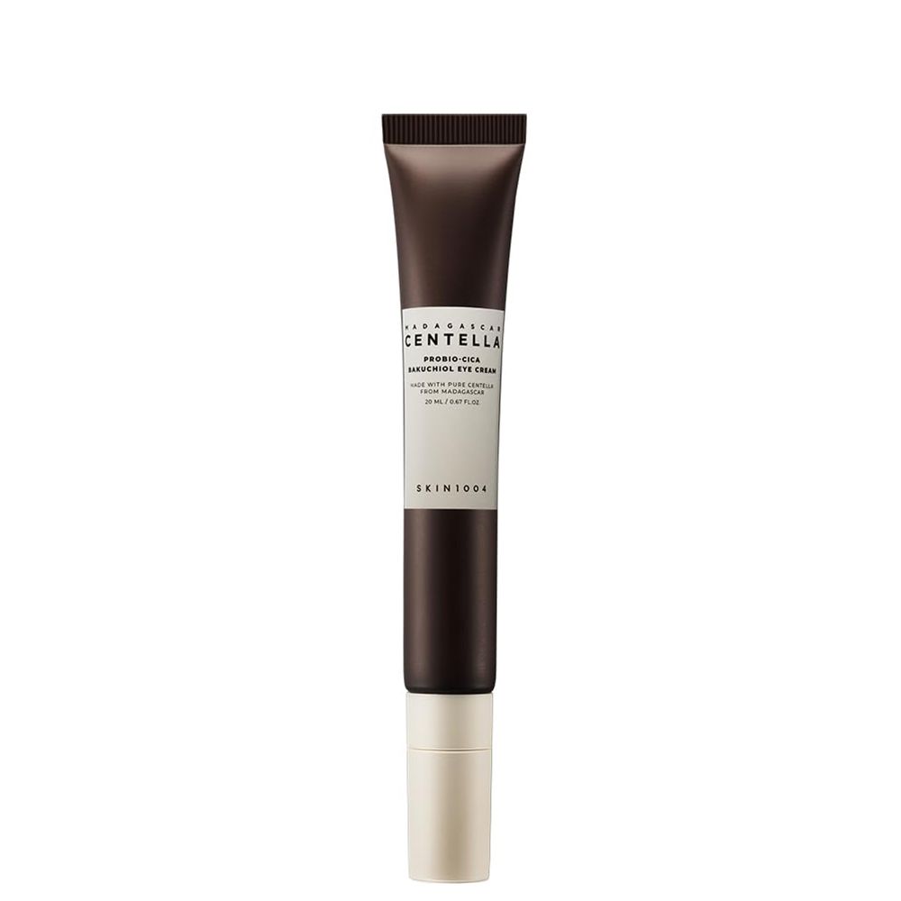 Tubo marrone scuro con applicatore bianco, SKIN1004 Centella Probio-Cica Bakuchiol Eye Cream.