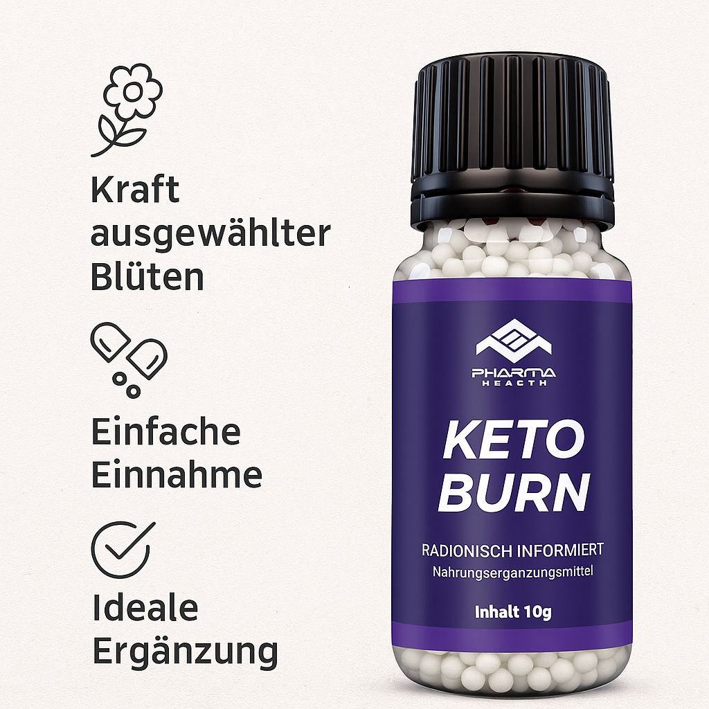 Flacone di vetro con tappo nero. Etichetta viola con testo bianco: Pharma Health, Keto Burn, integratore alimentare, contenuto 10g. Palline bianche.