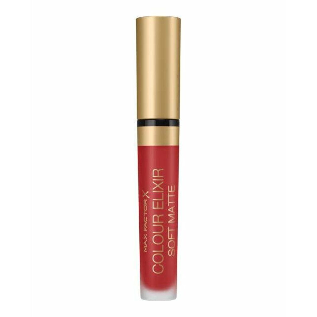 Rossetto con tappo dorato. Rossetto rosso con testo: Max Factor Colour Elixir Soft Matte.