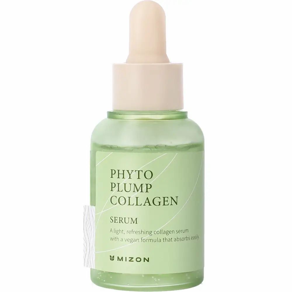 Flacone di siero verde con 'Phyto Plump Collagen' e pipetta. Scritta e colore chiaro.