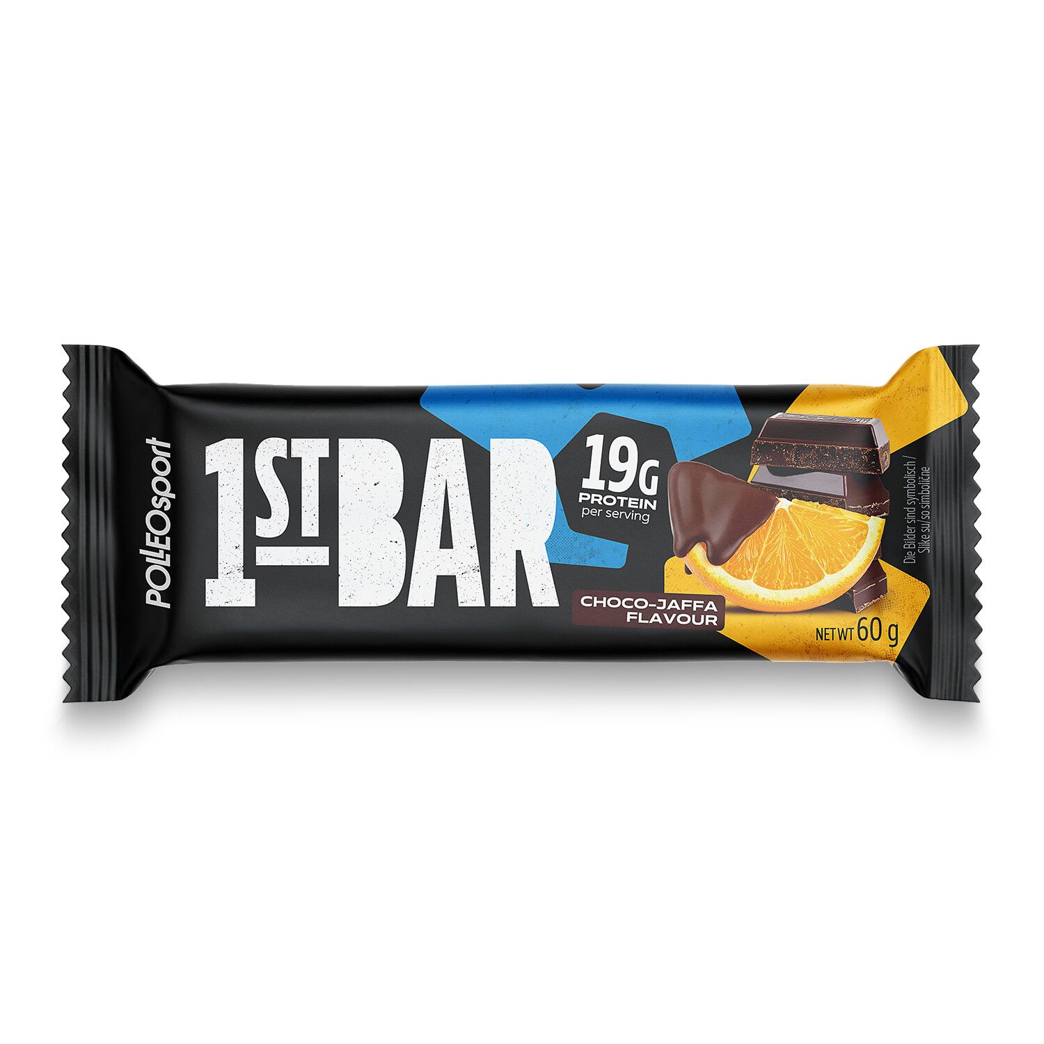Confezione nera con scritta bianca "1ST BAR". Accenti blu e gialli. Illustrazione di una barretta Choco-Jaffa. Testo "19g Protein" e "60g".