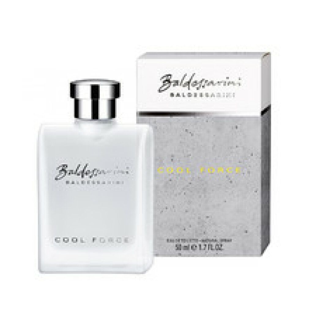 Flacone e confezione Baldessarini Cool Force Edt Spray. Flacone bianco, tappo argento, confezione grigia.