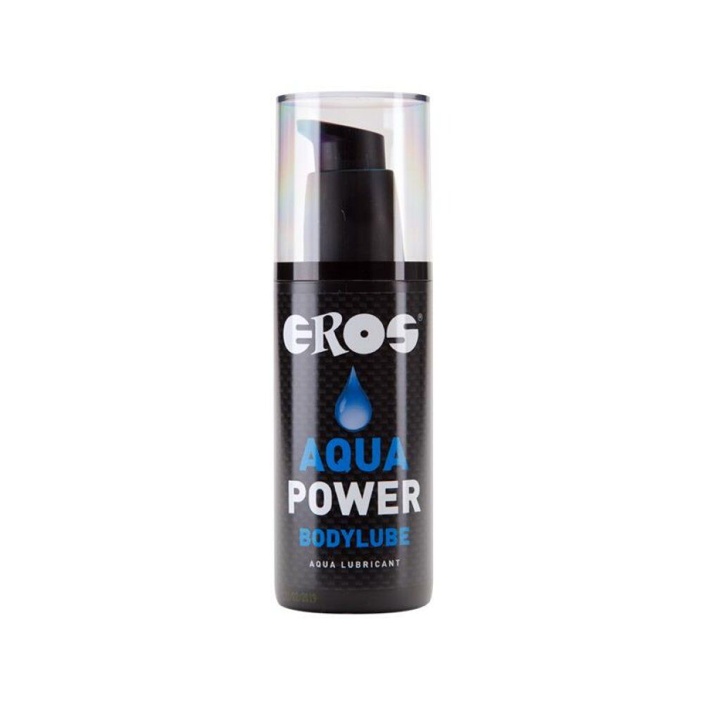 Flacone nero con dosatore a pompa. Scritta: EROS, AQUA POWER, BODYLUBE. Grafica goccia blu.