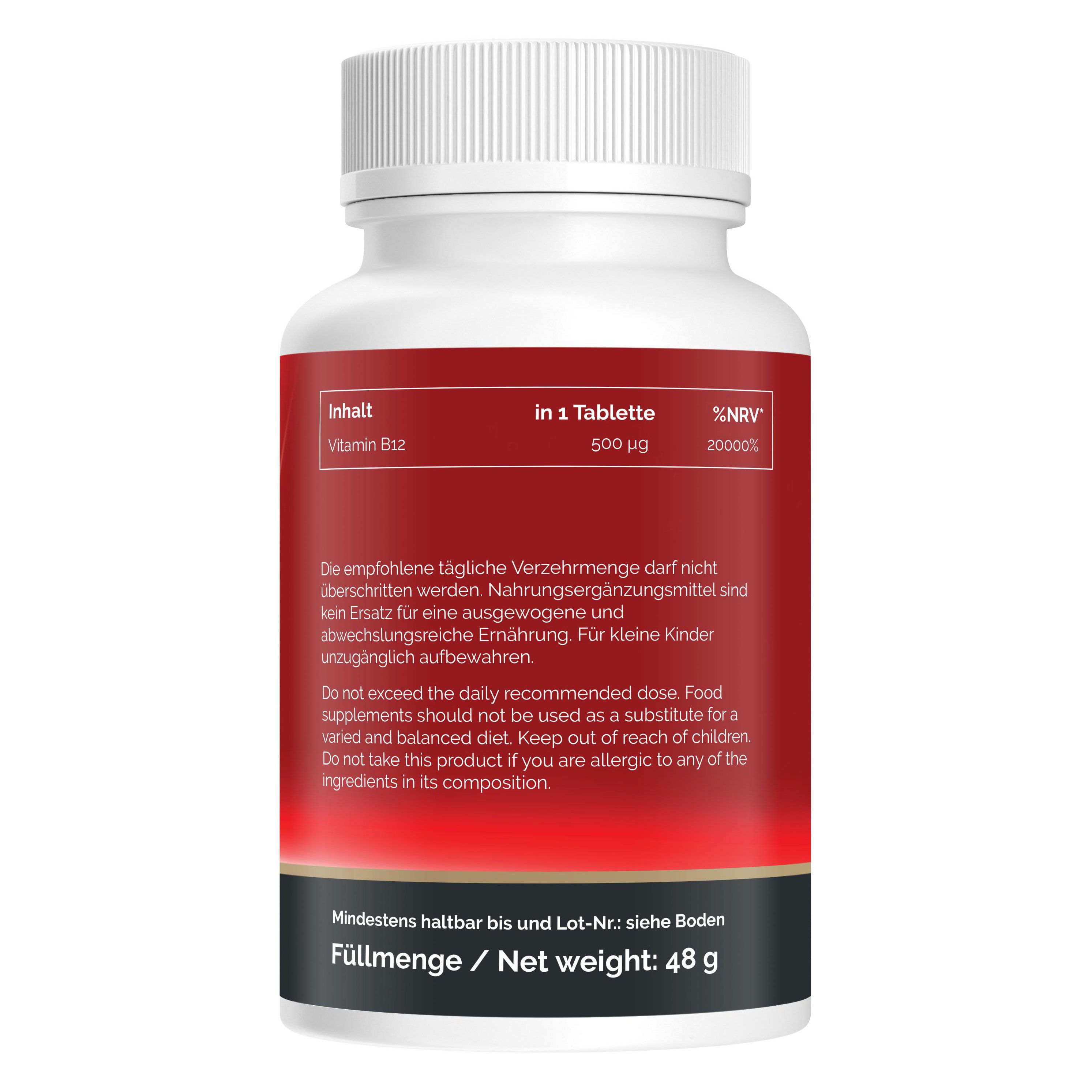 Retro del flacone Natural Pro Vitamina B12. Informazioni nutrizionali per compressa, istruzioni per l'uso e durata, peso netto 48 g.