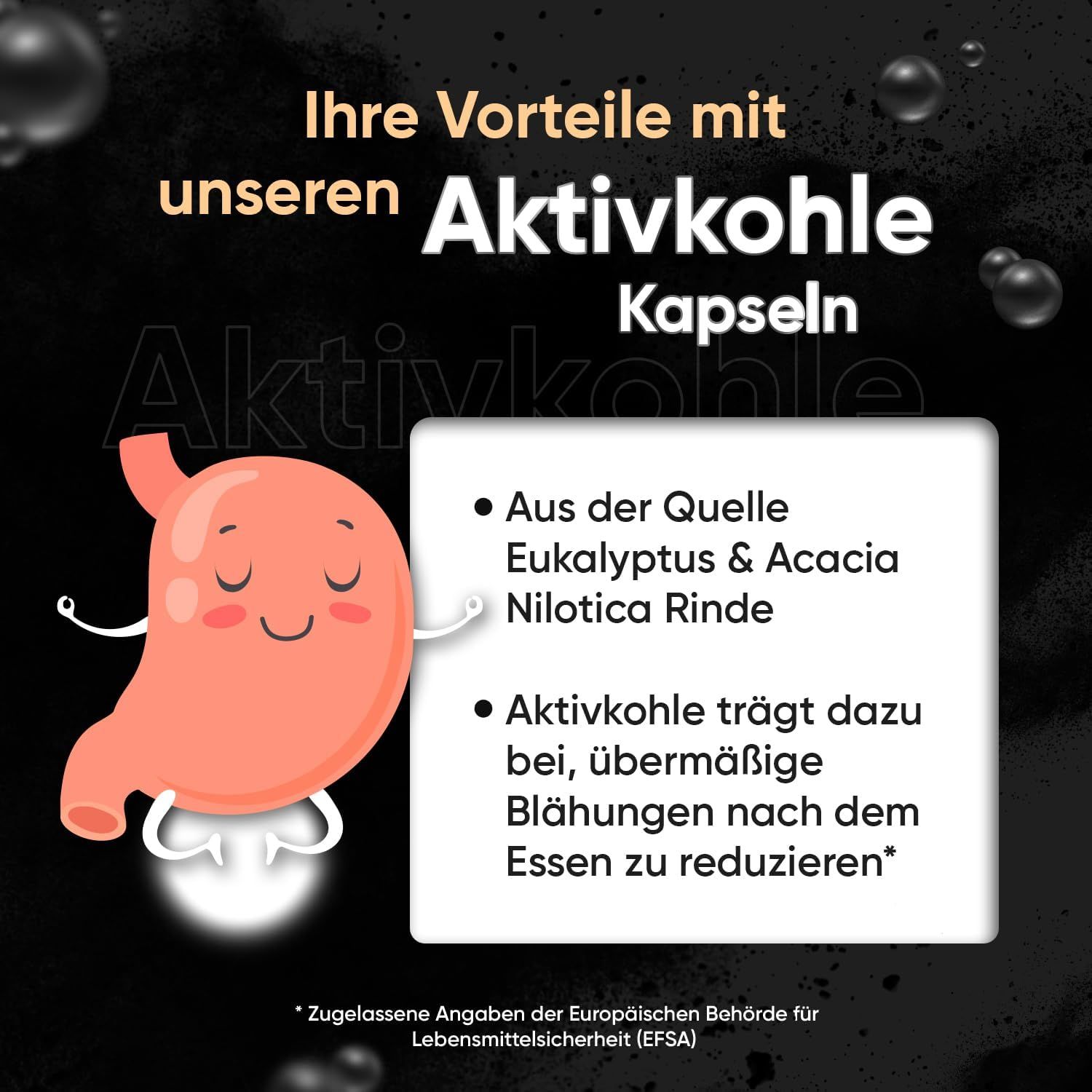 Grafica con stomaco e capsule. Testo: Capsule di carbone attivo. Vantaggi: Eucalipto e Acacia Nilotica.