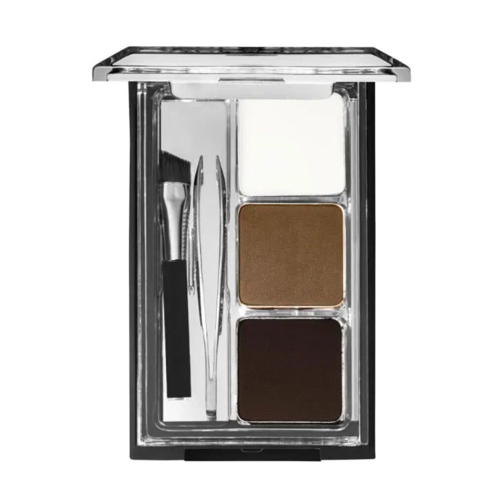 Kit sopracciglia Wet n Wild Ultimate Brow. Tre tonalità, pennello, pinzette e applicatore. Aperto.