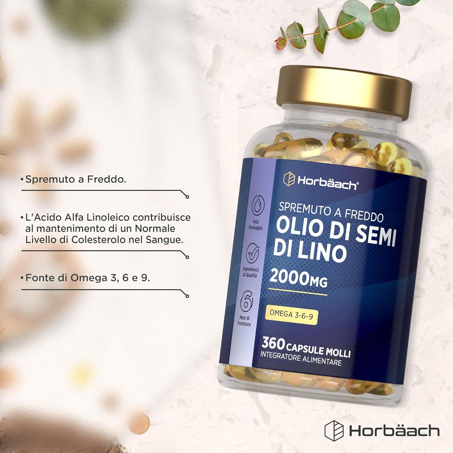 Flacone di capsule. Scritto: Spremutto a Freddo Olio di Semi di Lino 2000mg Omega 3-6-9. 360 Capsule Molli. Testo con informazioni.