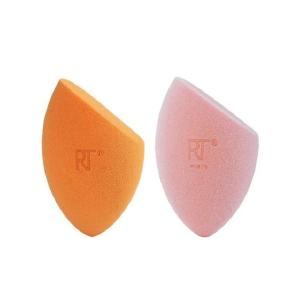 Due spugnette per trucco, arancione e rosa, con logo RT.