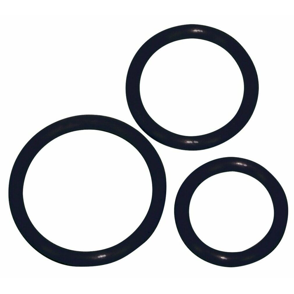 Tre anelli in silicone neri di diverse dimensioni. Forma circolare.