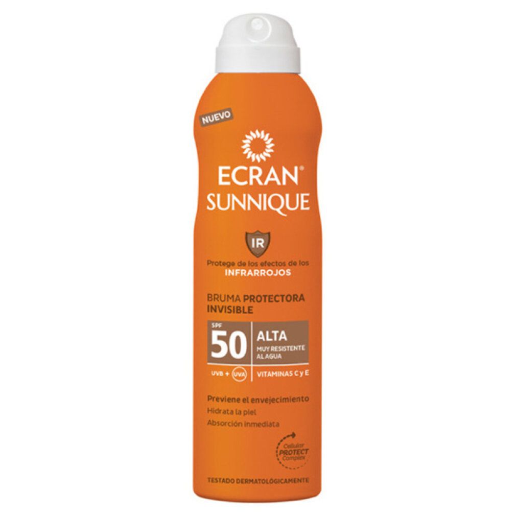 Flacone spray solare arancione. Testo: ECRAN SUNNIQUE, FPS 50, Bruma protectora invisible, IR, Vitaminas C y E. Nuovo.