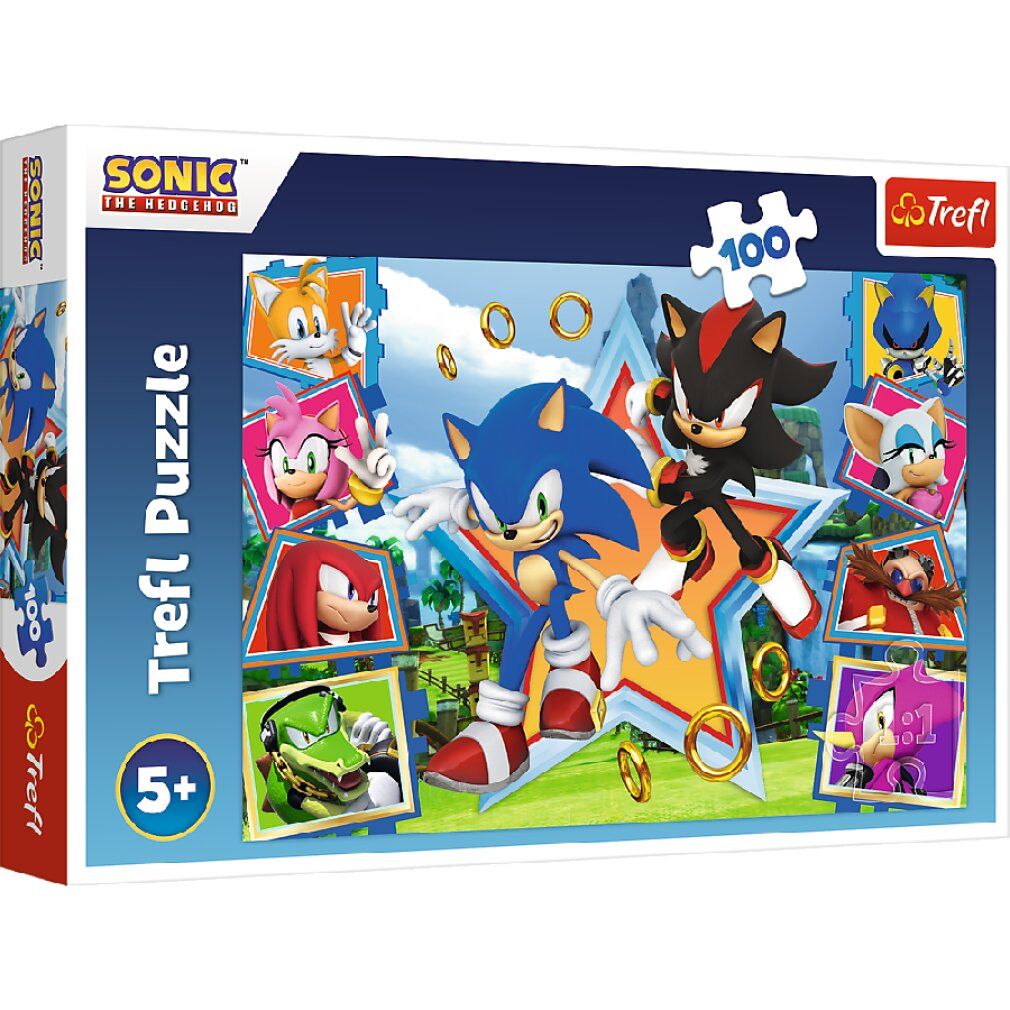 Scatola del puzzle. Scritte: Sonic, Trefl Puzzle, 100 pezzi, 5+. Il puzzle mostra Sonic e Shadow.