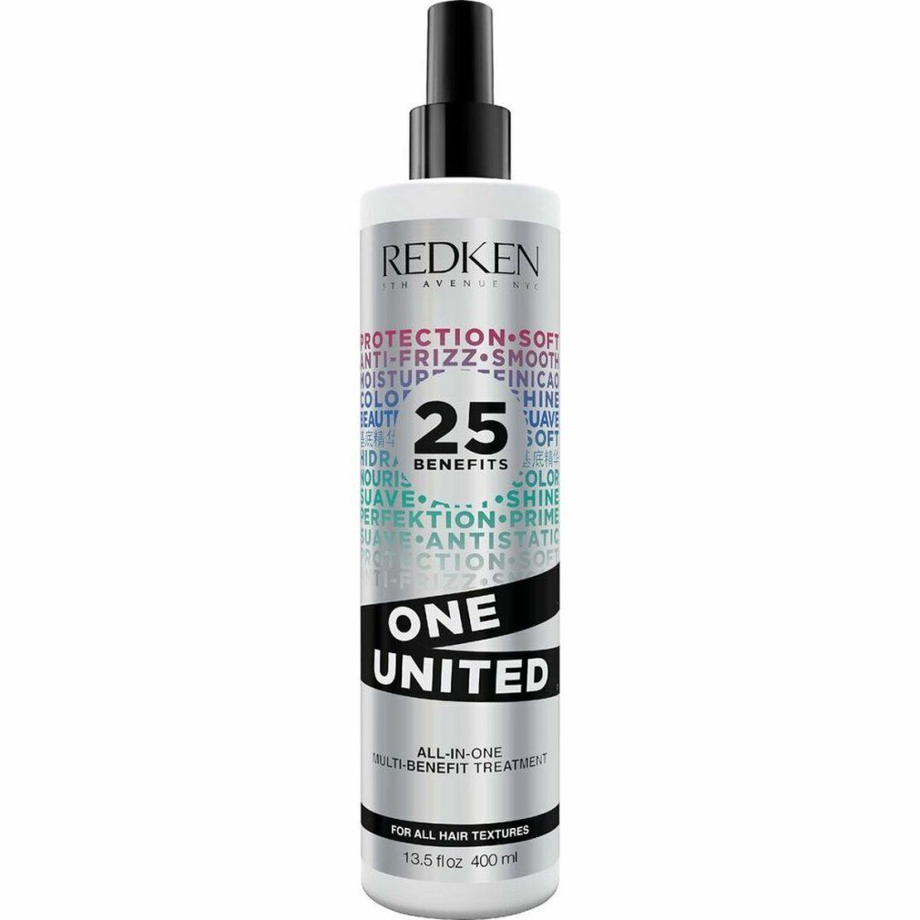 Flacone cilindrico con vaporizzatore. Scritte: Redken, One United, 25 Benefits. Etichette argentate e nere.