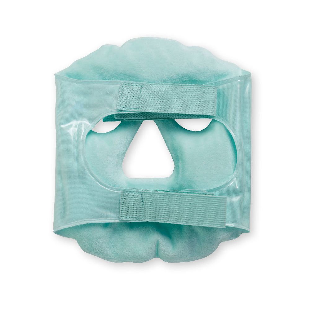 Maschera viso in gel verde con chiusure in velcro. Aperture per occhi, naso e bocca. Fodera interna morbida.