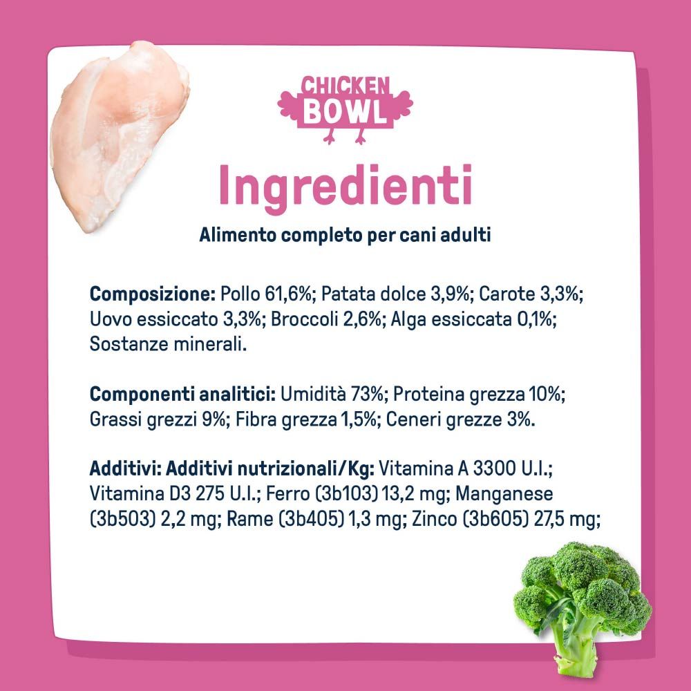 Lista ingredienti "Chicken Bowl" per cani. Contiene pollo, patata dolce, carote, uova, broccoli e alghe.