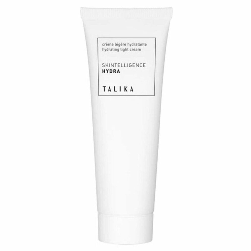 Tubo bianco con "crème légère hydratante" e "SKINTELLIGENCE HYDRA" di TALIKA. Prodotto per la pelle.