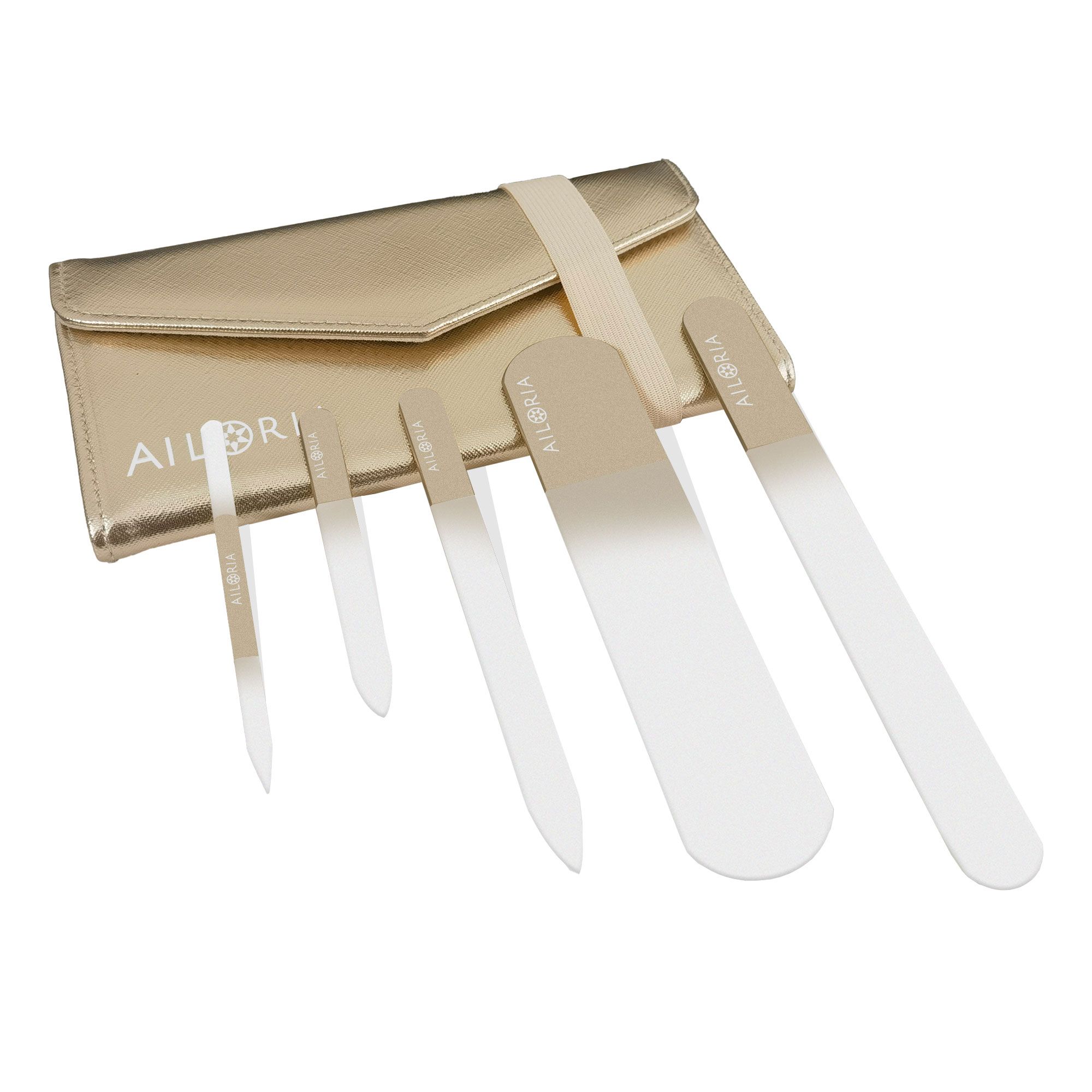 Set di lime per unghie con custodia. Custodia dorata con logo. Lime di varie dimensioni.