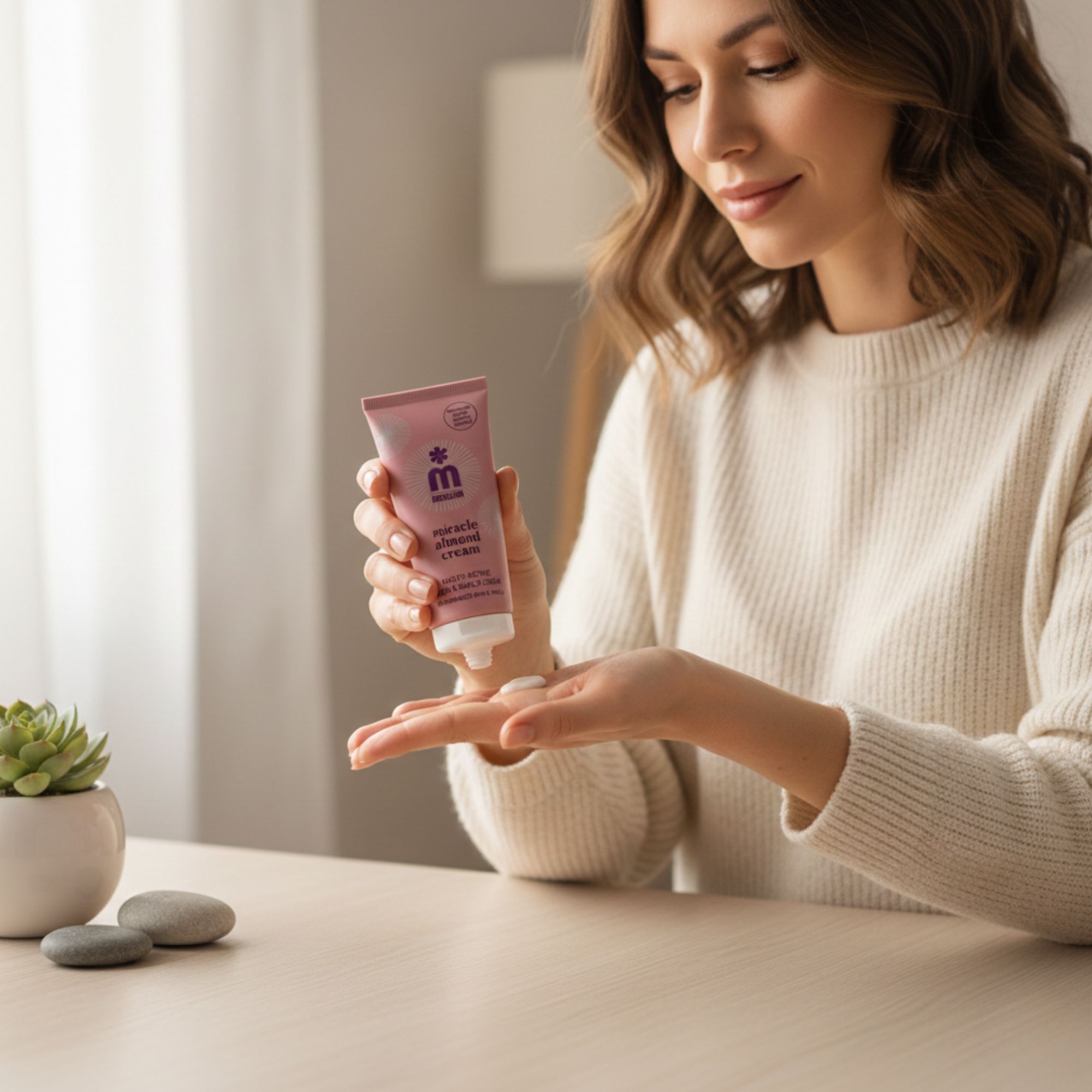 Donna tiene in mano tubo "melem miracle almond cream". Testo: Multi-Active Hand & Nails Cream. Per pelli e unghie danneggiate. Con olio di mandorle.