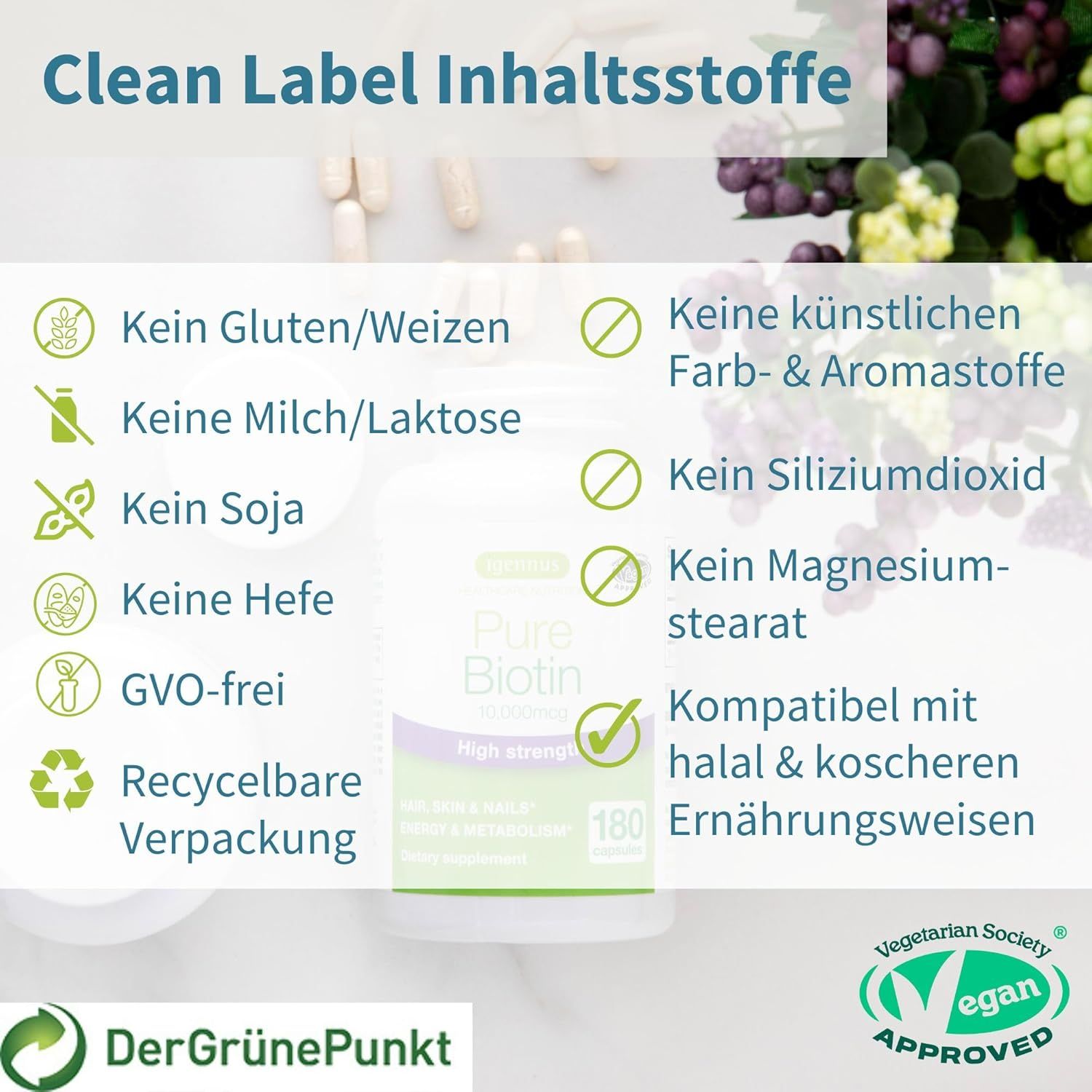 Elenco degli ingredienti. Testo: Kein Gluten/Weizen, keine künstlichen Farb- & Aromastoffe. Certificazione vegana.