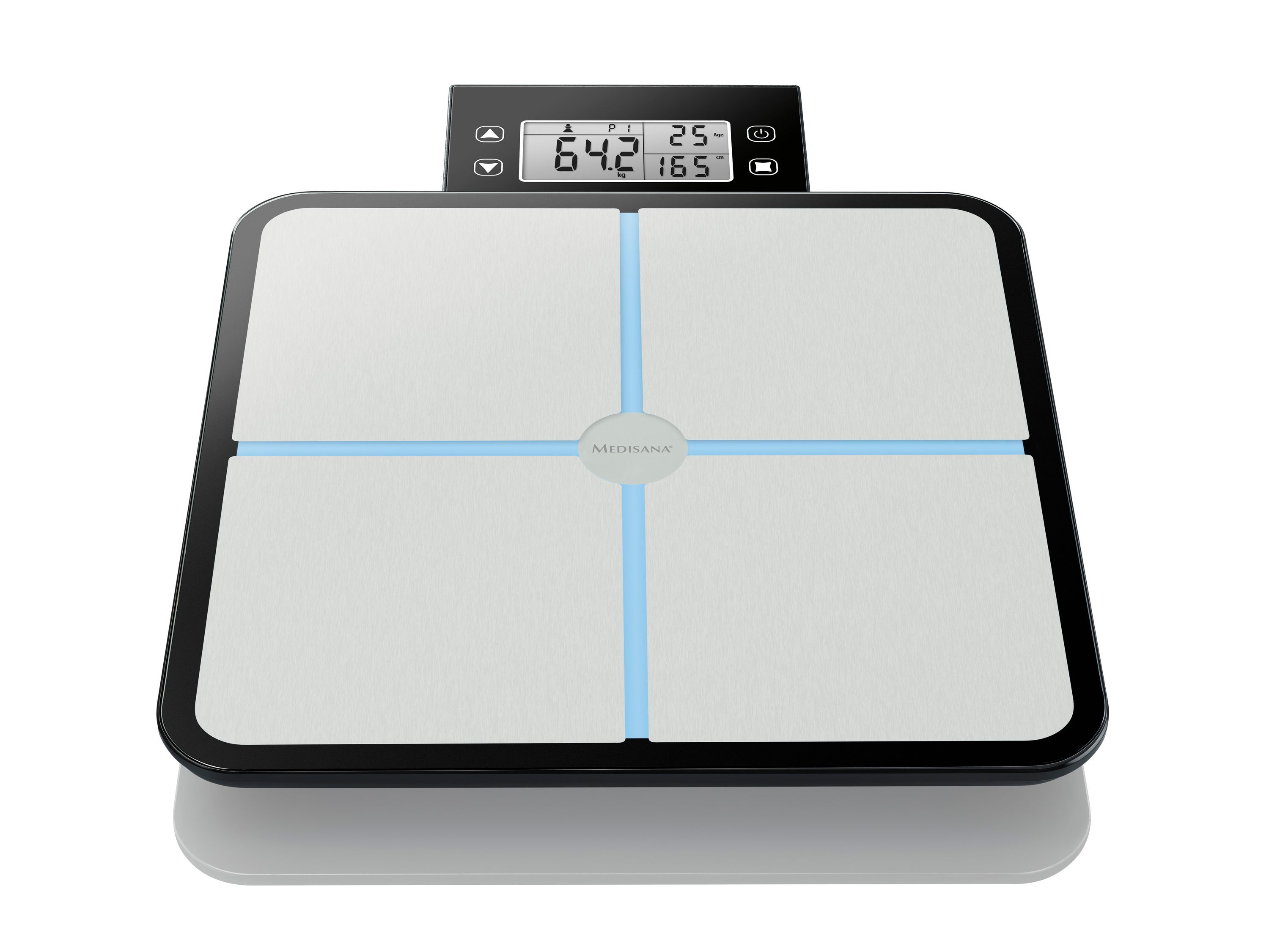 Bilancia per analisi corporea con display. Cornice nera, superficie argentata, linee blu. Display digitale con peso e BMI.