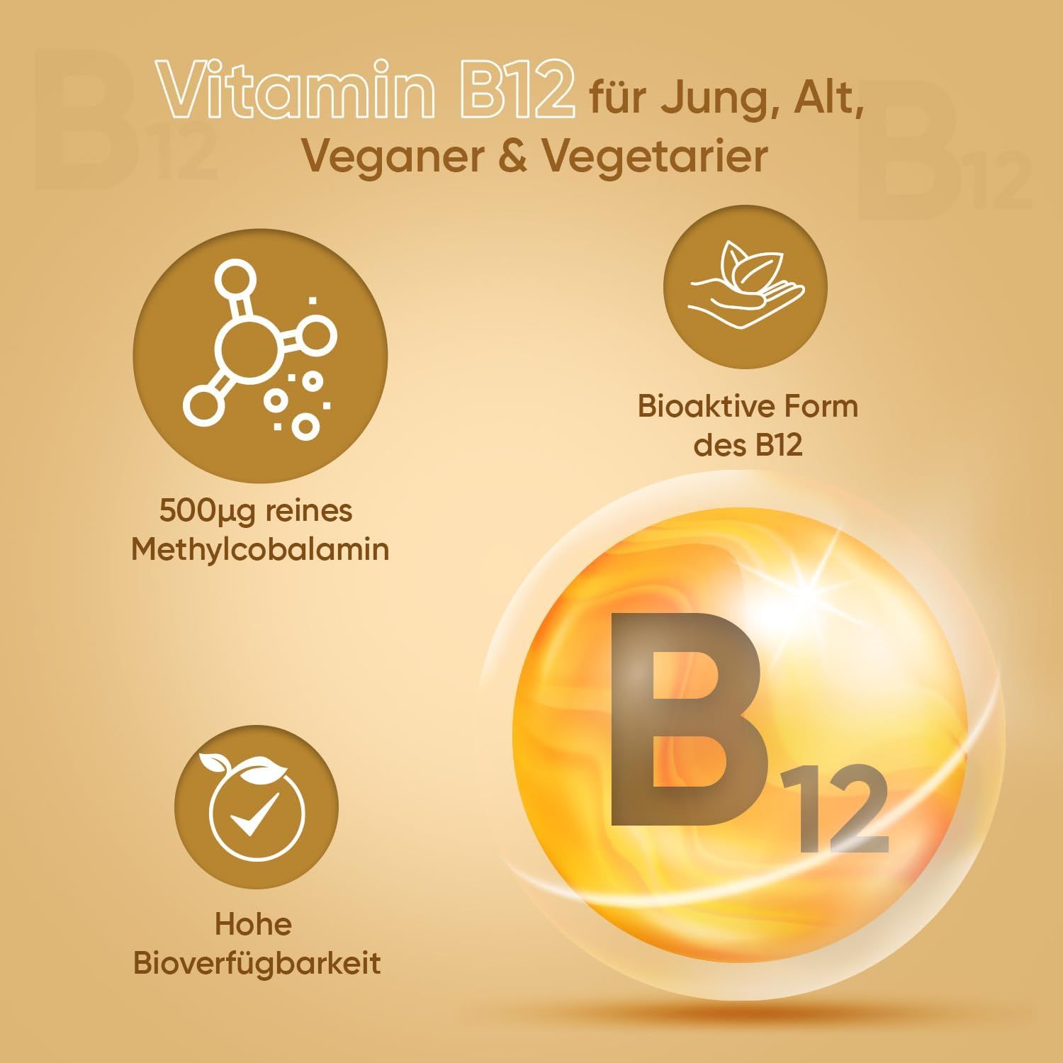 Grafica con simboli e testo. Testo: Vitamina B12 per giovani, anziani, vegani e vegetariani. 500µg metilcobalamina, forma bioattiva, alta biodisponibilità.