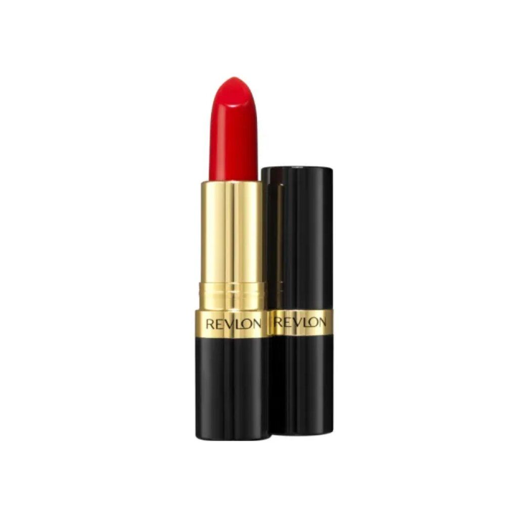 Rossetto rosso, astuccio dorato, base nera. Marchio REVLON visibile.