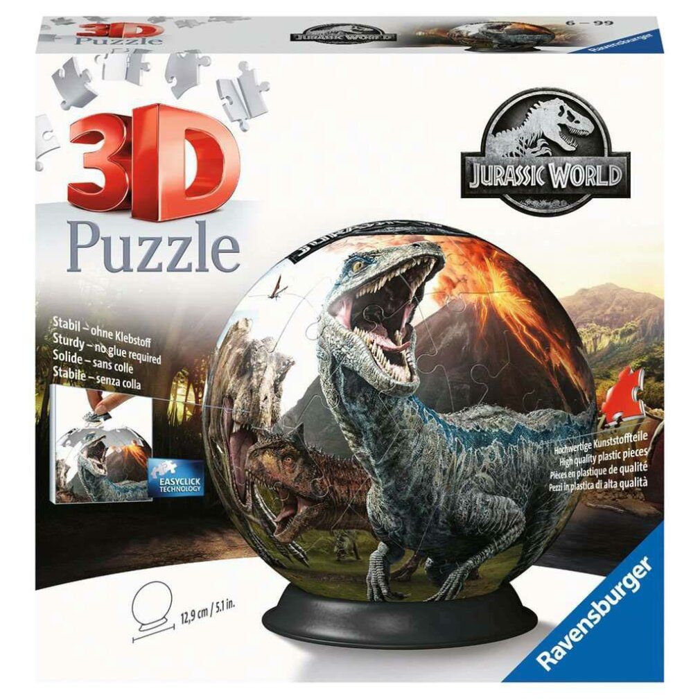Confezione con puzzle a sfera 3D. Scritta: Jurassic World, 3D Puzzle, 72 pezzi. Sfera con motivo dinosauro. Produttore: Ravensburger.