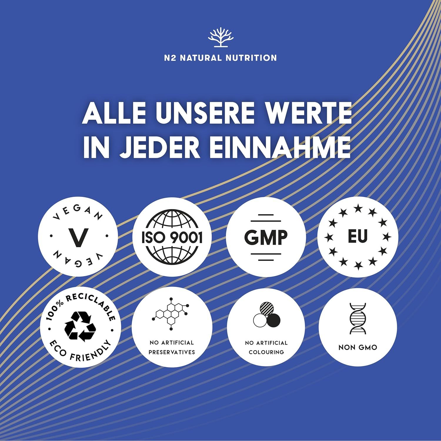 Loghi circolari: Vegan, ISO 9001, GMP, UE, 100% riciclabile, Eco Friendly, senza conservanti artificiali, senza coloranti artificiali, Non OGM.