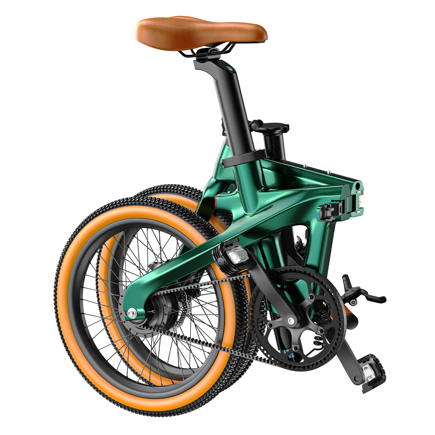 Bicicletta pieghevole verde piegata. Marchio PULUMA.