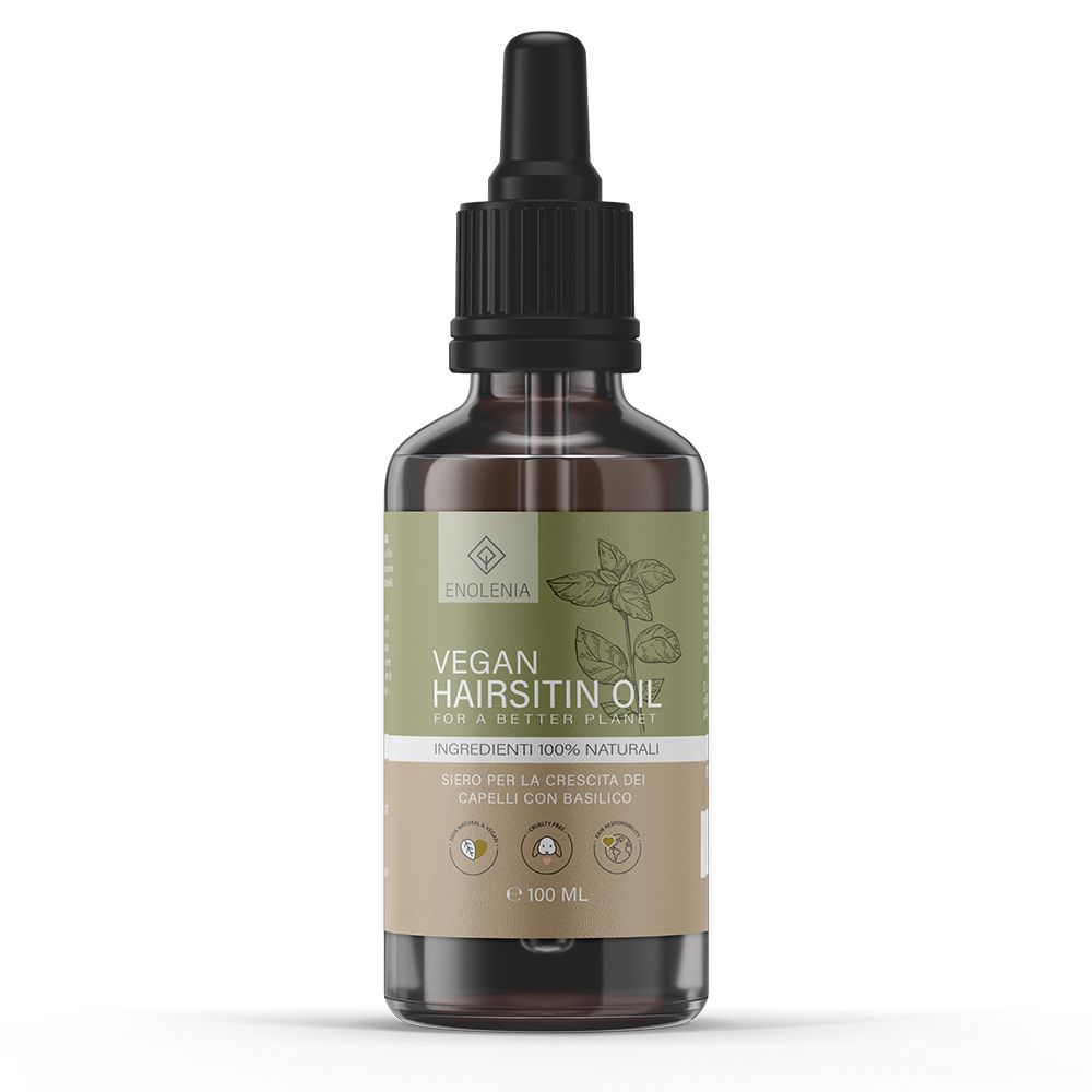 Flacone di vetro marrone con contagocce nero. Etichetta con nome e logo del prodotto. Vegan Hairsitin Oil. 100 ml.