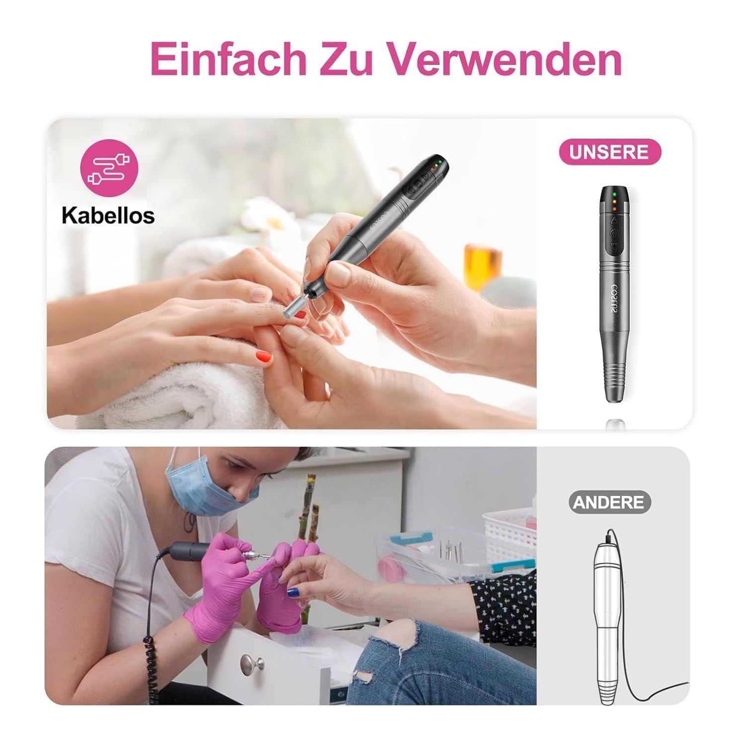 Strumento per manicure senza fili in uso. Due mani lavorano sulle unghie. Confronto con un altro modello.