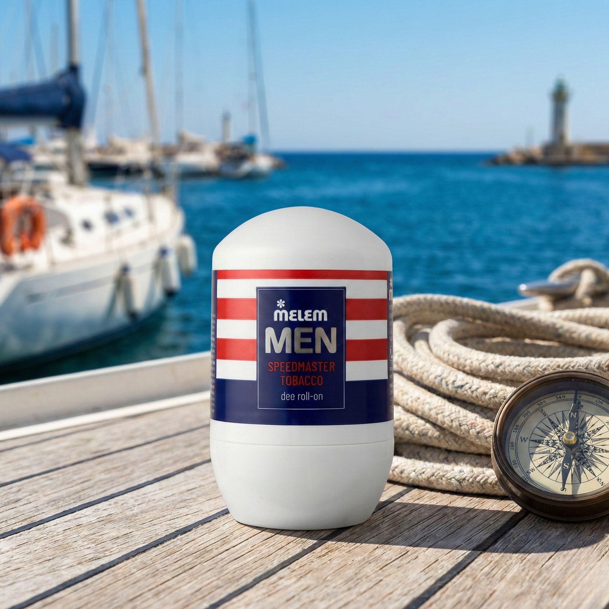 Deodorante bianco con fascia rossa, bianca e blu. Posizionato sul ponte di una barca. Mare, barche e faro sullo sfondo.