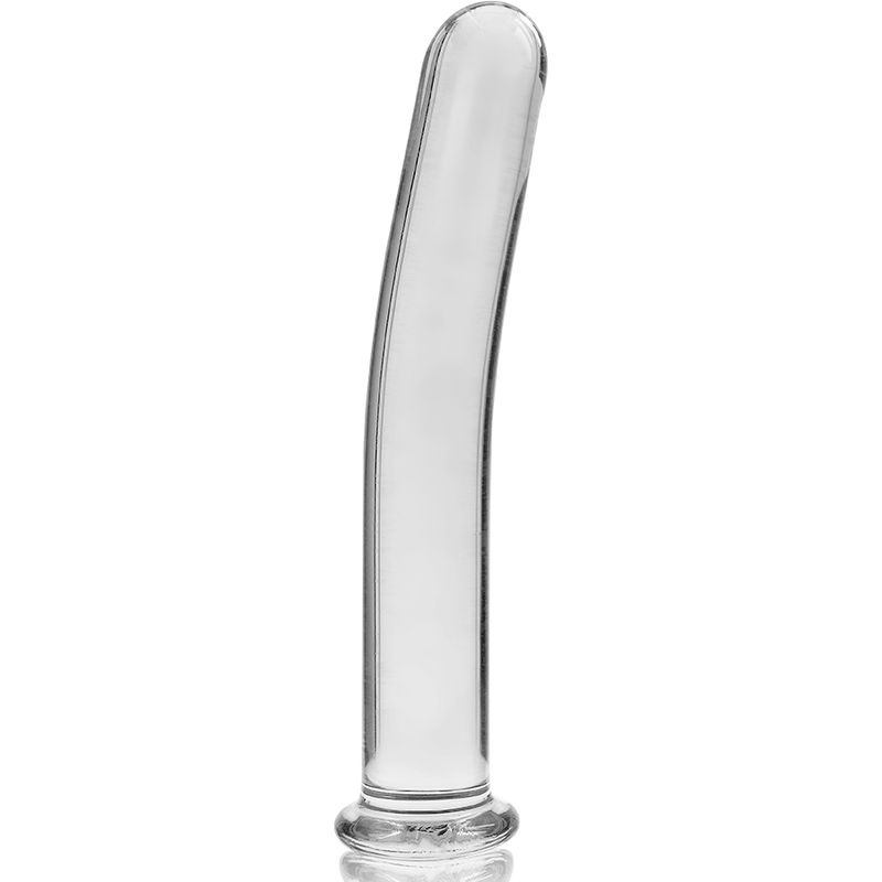 Dildo trasparente in vetro borosilicato, modello 9, su sfondo bianco. Forma curva, base larga e piatta.
