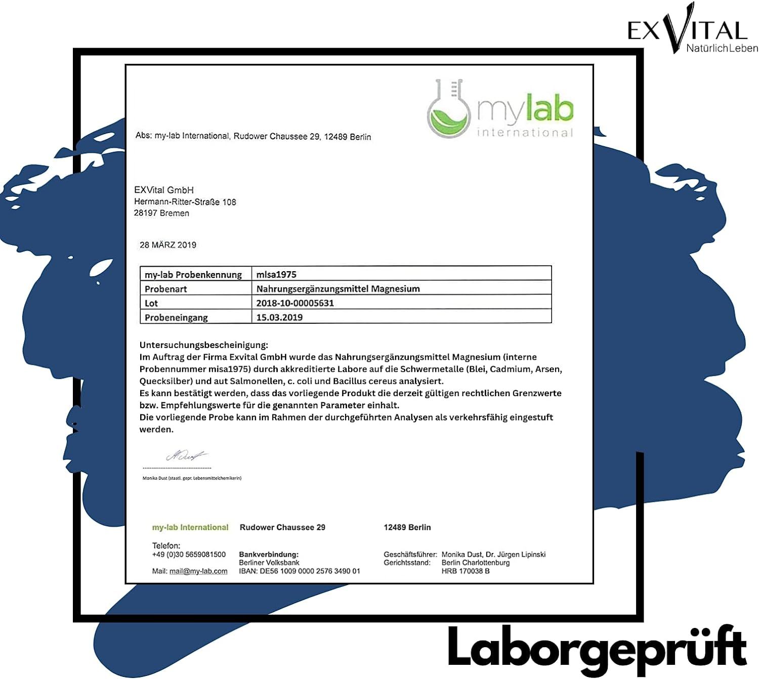 Rapporto di laboratorio su carta bianca. Testo: mylab international, EXVital GmbH, numero di campione mylab, risultato dell'analisi, testato in laboratorio.