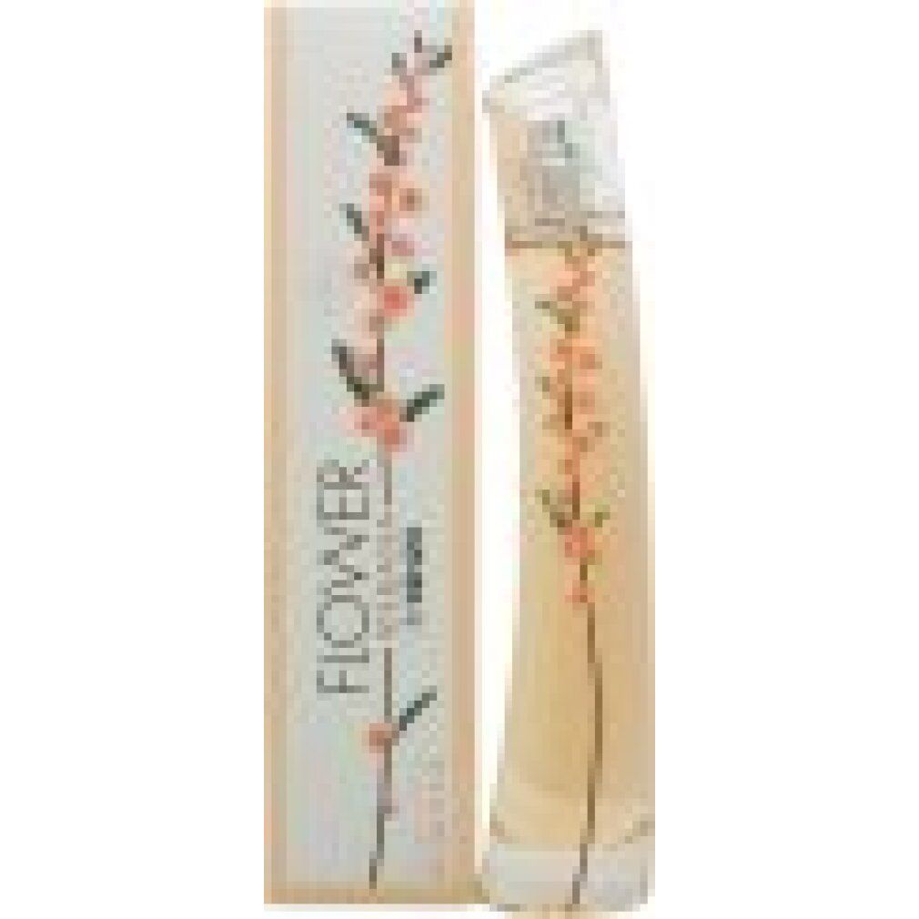 Flacone di profumo con design floreale e confezione. Scritta: Flower Ikebana by KENZO. Flacone con liquido giallastro.