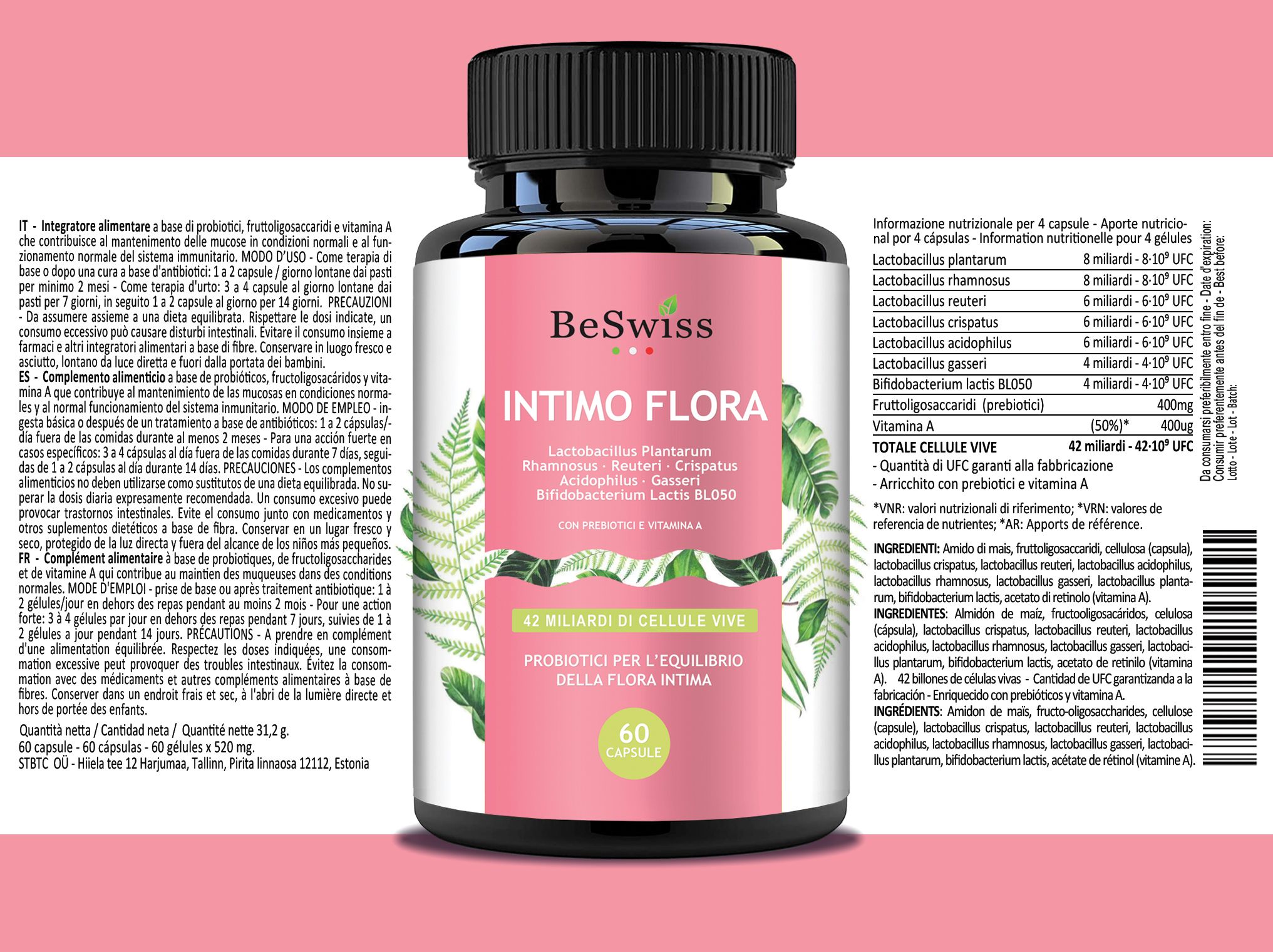 Flacone di capsule marrone con etichetta. Testo: Intimo Flora, 60 capsule, 42 miliardi di cellule vive. Marchio: BeSwiss. Informazioni.