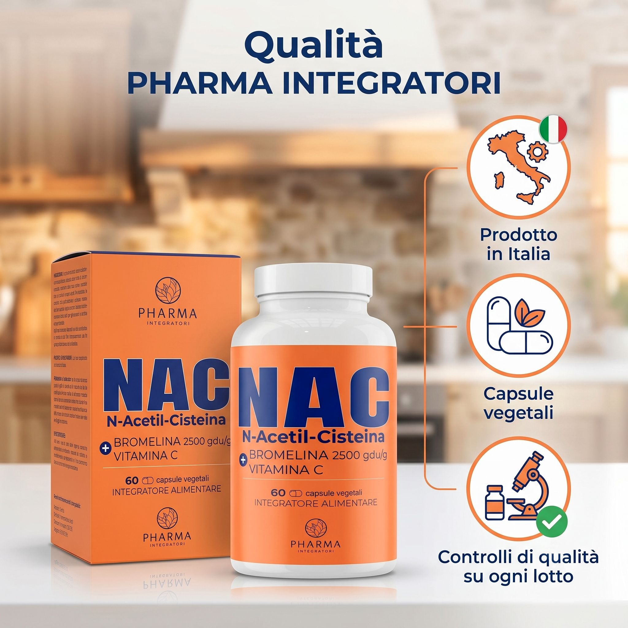 Flacone e scatola di NAC N-Acetilcisteina con caratteristiche di qualità: Prodotto in Italia, capsule vegetali.