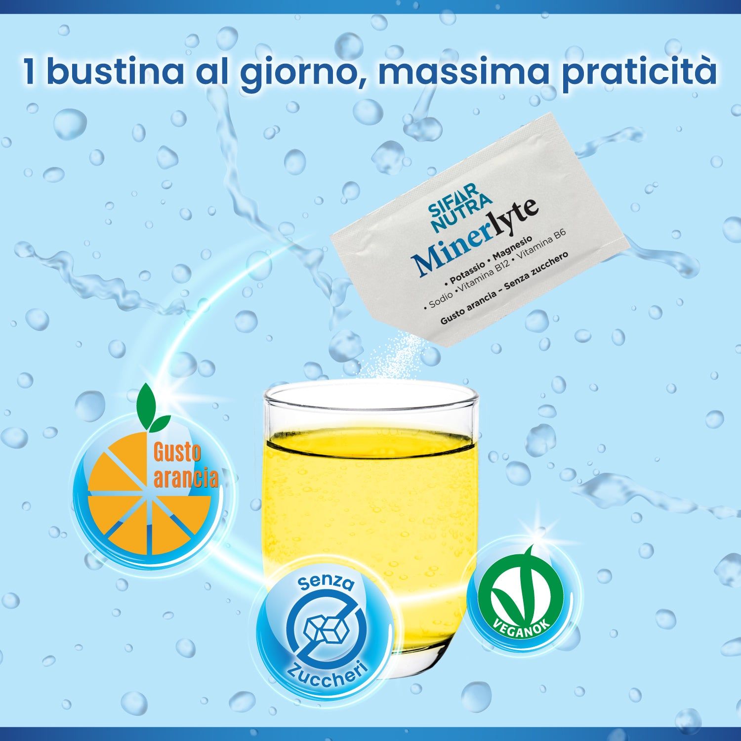 Bustina Sifar Nutra Minerlyte versata in un bicchiere con polvere gialla.