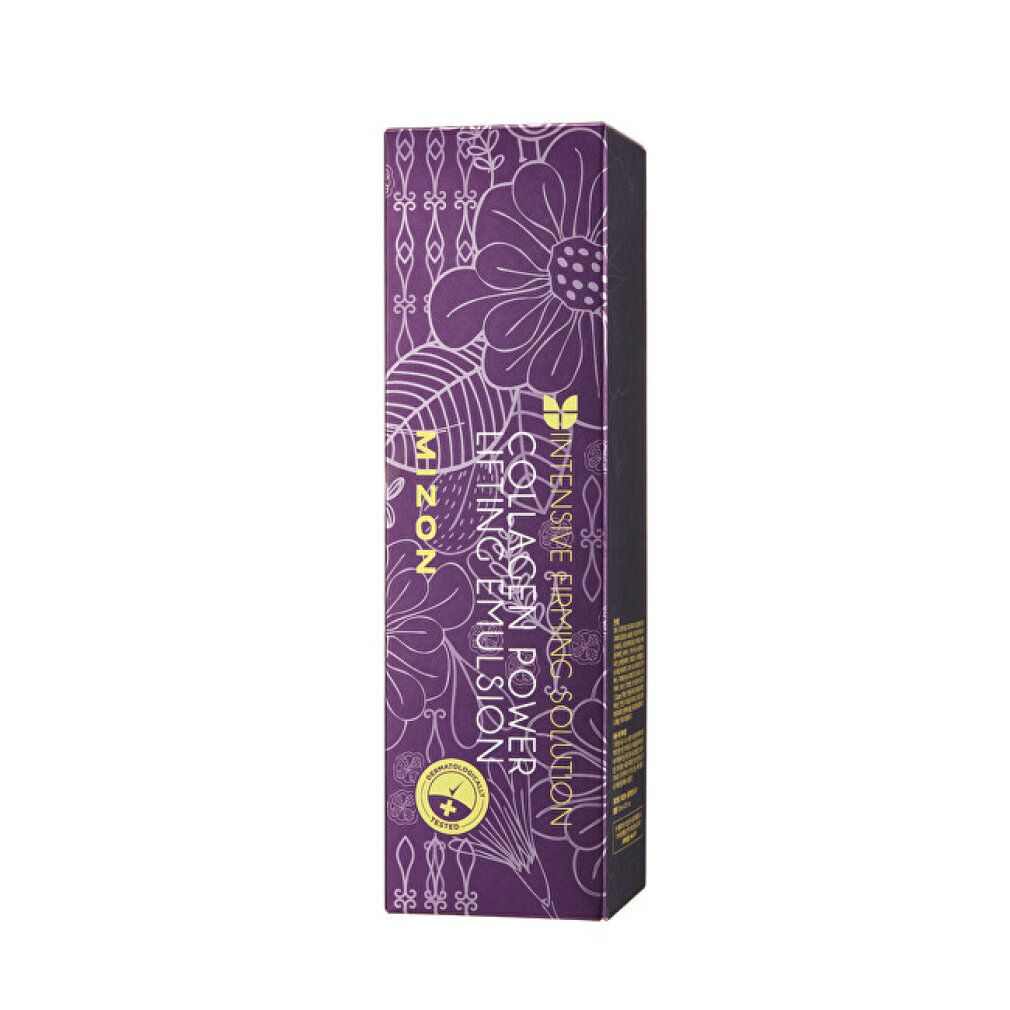 Confezione MIZON Collagen Power Lifting Emulsion. Viola con motivo floreale. Testo: Intensive Firming Solution.