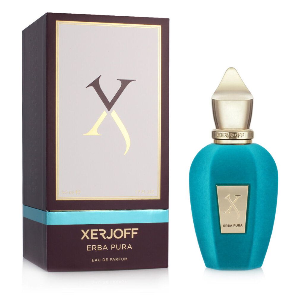 Flacone turchese e confezione. Scritta: Xerjoff, Erba Pura. Logo dorato.