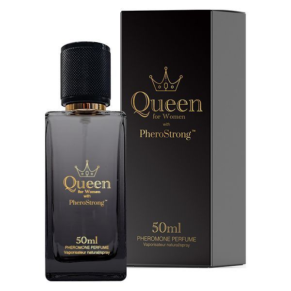 Profumo ai feromoni da donna "Queen for Women" con PheroStrong, flacone spray da 50ml e confezione nera.