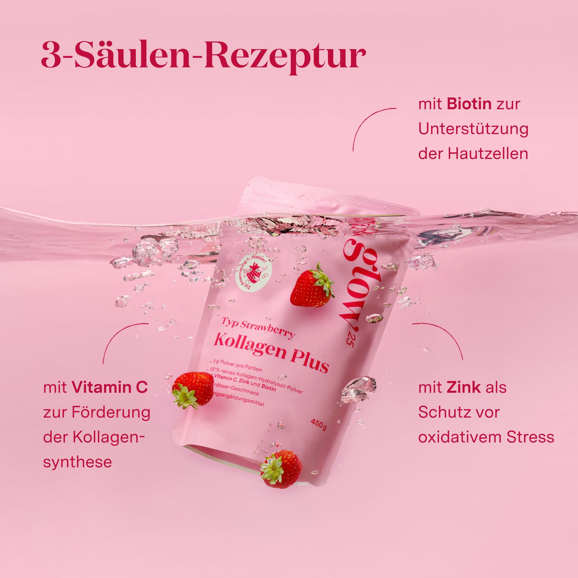 Busta Glow25 Collagen Plus Tipo Fragola in acqua con fragole.