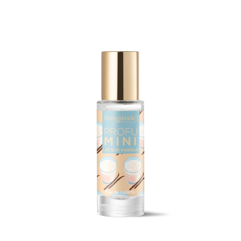 Mini profumo con tappo dorato. L'etichetta riporta 'Profumi Mini Latte di Vaniglia' e bacche di vaniglia.
