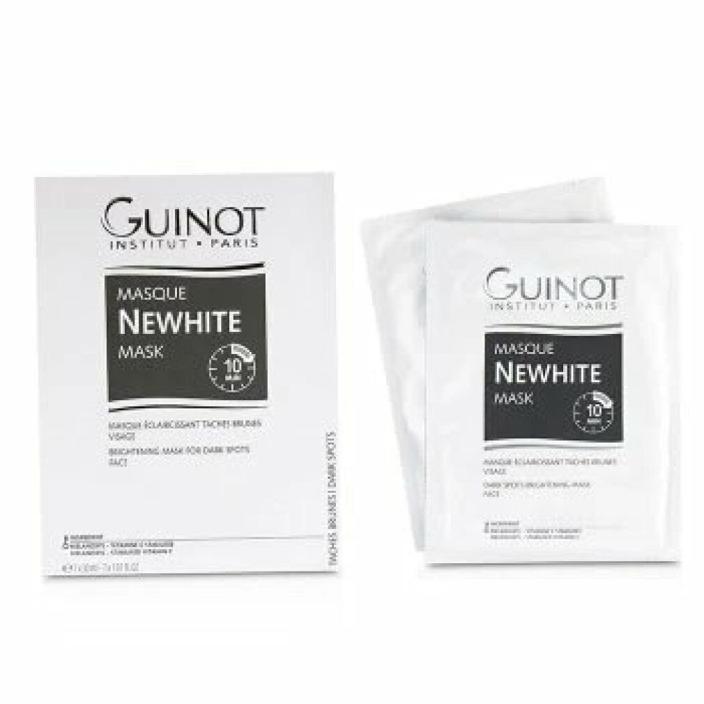 Confezione singola e scatola Guinot Newhite Mask. Scritta: Newhite, Masque, 10 Min. Marchio: Guinot. Descrizione: Brightening Mask for Dark Spots, Face.