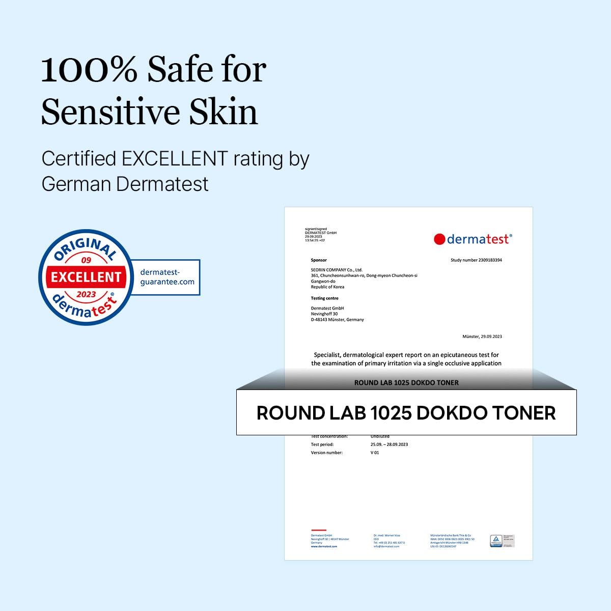 Documento di certificazione. Certificazione da German Dermatest. Nome del prodotto: ROUND LAB 1025 DOKDO TONER.