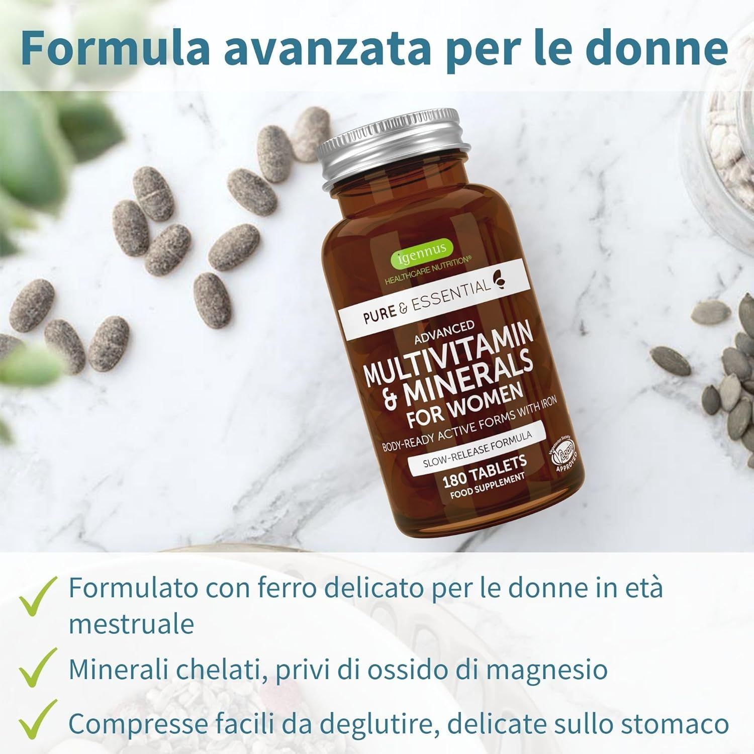 Compresse marroni e flacone marrone. Scritta: Multivitaminico & minerali per donne. Con ferro.
