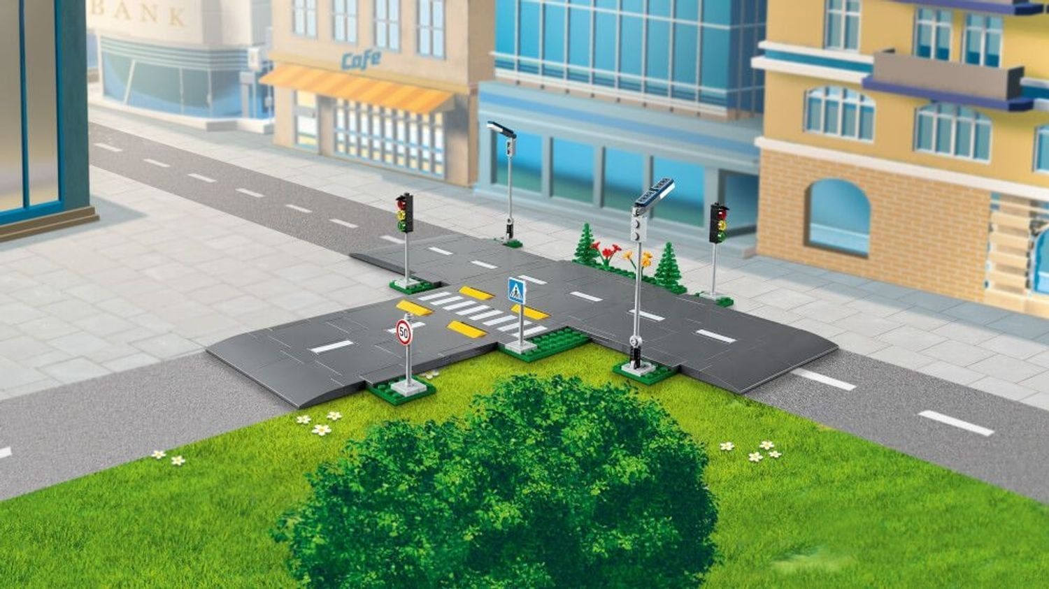 Set di piattaforme stradali LEGO City. Piattaforme con strisce pedonali, semafori, segnali stradali e aree verdi. Paesaggio urbano sullo sfondo.