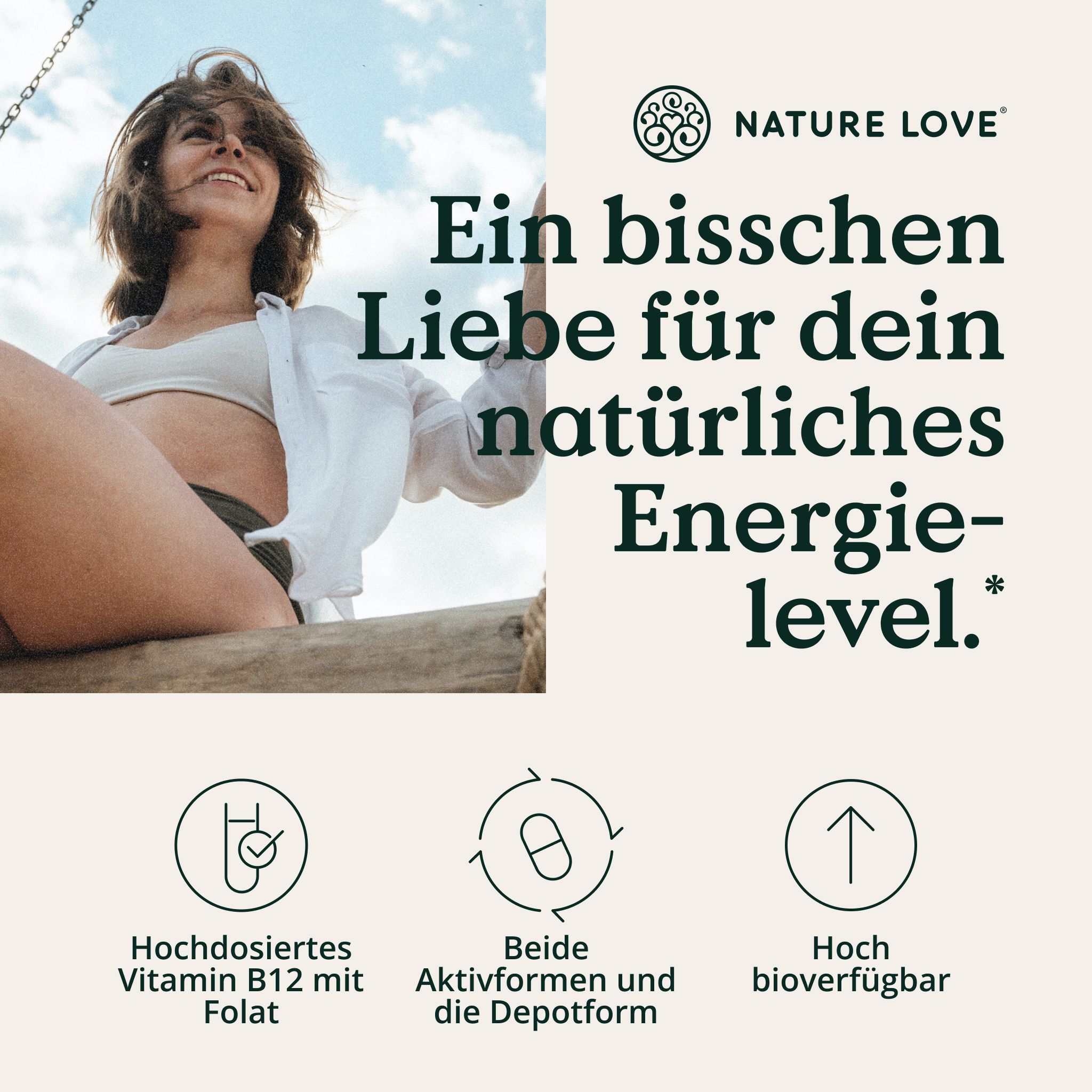 Donna sorridente, logo NATURE LOVE, testo: Un po' d'amore per il tuo livello di energia naturale.